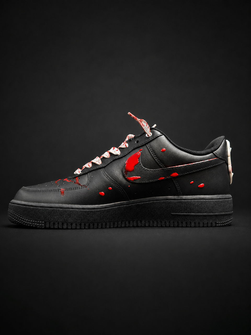 A black Nike Air Force 1 Low sneaker with red blood-splatter details, featuring red-and-white patterned laces and a red Swoosh on a dark background.